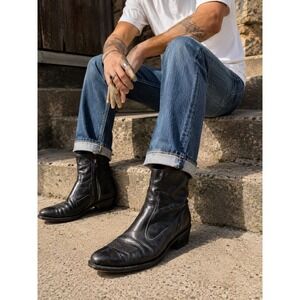 Vintage Black Leather Western Ankle Boots Men's 10.5 D Cowboy Rockabilly Biker